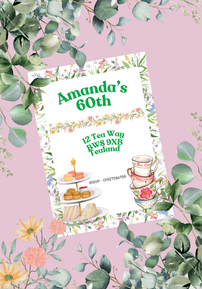 Adult Birthday Invitation - Flowery / Afternoon Tea
