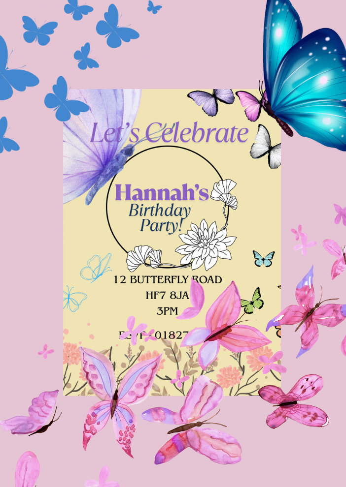 Birthday Invitation - Butterfly (Beige Background)